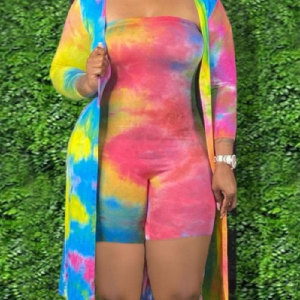 Off The Shoulder Tie-dye Multicolor Two Piece Shorts Set (With Cover-up)